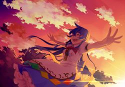 Rule 34 | 1girl, ^ ^, blue hair, bow, closed eyes, cloud, dress, closed eyes, happy, hinanawi tenshi, long hair, no headwear, no headwear, nomu (29 nom), open mouth, outstretched arms, red sky, sky, smile, solo, sunset, touhou