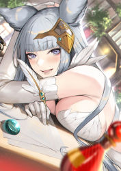Rule 34 | 1girl, animal ears, blue eyes, blunt bangs, blurry, blurry background, blurry foreground, blush, breast press, breasts, deras, dutch angle, elbow gloves, erune, gloves, granblue fantasy, highres, holding, holding quill, korwa, large breasts, long hair, looking at viewer, open mouth, quill, silver hair, solo, white gloves