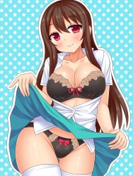 Rule 34 | 1girl, bad id, bad pixiv id, black bra, blush, bow, bow panties, bra, breasts, breasts out, brown hair, cleavage, clothes lift, cowboy shot, curvy, large breasts, long hair, looking at viewer, neri sachiko, open clothes, original, panties, red eyes, shiny skin, skirt, skirt lift, smile, solo, standing, star (symbol), star print, starry background, thighhighs, underwear, very long hair, white thighhighs, wide hips