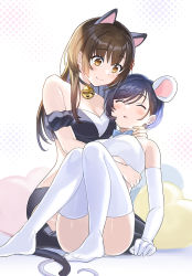 Rule 34 | &quot;rouhou&quot; ore no iinazuke ni natta jimiko ie dewa kawaii shikanai., 2girls, animal ears, bandeau, bare shoulders, bell, black legwear, blue bow, blue hair, blush, bow, breasts, brown eyes, brown hair, cat ears, cat tail, choker, cleavage, closed eyes, closed mouth, elbow gloves, fake animal ears, fake tail, full body, gloves, hair ornament, heart, heart-shaped pillow, highres, hug, legs, long hair, looking at another, medium breasts, midriff, mouse ears, mouse tail, multiple girls, neck bell, novel illustration, official art, parted lips, pillow, sakata nayu, shiny skin, short hair, sitting, sleeping, smile, tail, tan (tangent), textless version, watanae yuuka, white gloves, white legwear, yuri