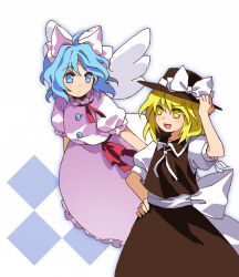 Rule 34 | 2girls, ahoge, blue eyes, blue hair, bow, brown headwear, brown skirt, brown vest, closed mouth, collared vest, commentary request, flat chest, frilled skirt, frilled sleeves, frills, hair ribbon, hand on headwear, hand on own hip, hat, hat bow, highres, kaigen 1025, mai (touhou), medium hair, multiple girls, neck ribbon, open mouth, puffy short sleeves, puffy sleeves, red ribbon, ribbon, shirt, short sleeves, skirt, smile, touhou, touhou (pc-98), v-shaped eyebrows, vest, wavy hair, white bow, white ribbon, white shirt, white skirt, white wings, wings, yuki (touhou)