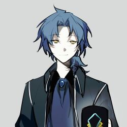 Rule 34 | 1boy, ascot, black jacket, black shirt, blue ascot, blue hair, chesed (project moon), chinese commentary, closed mouth, collared shirt, commentary request, grey background, highres, jacket, kyoko (akakikyoko), library of ruina, male focus, open clothes, open jacket, pale skin, parted bangs, portrait, project moon, shirt, side ponytail, simple background, smile, solo, yellow eyes