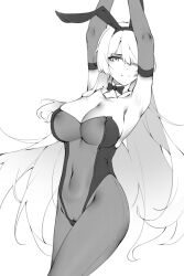 Rule 34 | 1girl, ak-15 (girls&#039; frontline), alternate costume, animal ears, armpits, black bow, black bowtie, black gloves, black leotard, black pantyhose, bow, bowtie, breasts, chinese commentary, cleavage, closed mouth, collarbone, commentary request, covered navel, detached collar, elbow gloves, fake animal ears, feet out of frame, girls&#039; frontline, gloves, grey eyes, greyscale, hair over one eye, hands up, highres, leotard, long hair, looking at viewer, medium breasts, monochrome, out of frame, pantyhose, playboy bunny, rabbit ears, see-through, solo, standing, strapless, strapless leotard, thighs, traditional bowtie, white background, white hair, wsfw