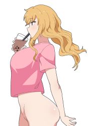 Rule 34 | 1girl, absurdres, ass, bad id, bad pixiv id, blonde hair, blue eyes, blush, bottomless, breasts, bubble tea, commentary request, cowboy shot, cup, disposable cup, drinking, drinking straw, from side, groin, highres, holding, holding cup, idolmaster, idolmaster cinderella girls, large breasts, long hair, no panties, ohtsuki yui, pink shirt, profile, shilka (amur shilka), shirt, short sleeves, sidelocks, simple background, solo, t-shirt, white background