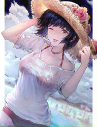 Rule 34 | 1girl, arms up, bikini, bikini under clothes, black hair, blue sky, breasts, brown hat, cloud, cloudy sky, commentary request, day, dutch angle, flower, food, green eyes, hand on headwear, hat, hat flower, hisahisahisahisa, holding, holding food, medium breasts, no pants, one eye closed, original, parted lips, pink flower, popsicle, red bikini, revision, see-through, shirt, short hair, sky, solo, straw hat, summer, swimsuit, tongue, tongue out, wading, water, watermelon bar, wet, wet clothes, wet shirt, white shirt