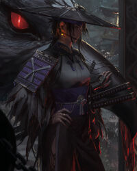 Rule 34 | 1girl, animal, animal request, arm guards, bird, black gloves, black hair, black hat, commentary, earrings, feathers, gloves, glowing, glowing earrings, grey feathers, grey kimono, guweiz, hand on own hip, hat, hat feather, highres, japanese clothes, jewelry, jingasa, kimono, looking away, original, oversized animal, red eyes, slit pupils, solo, symbol-only commentary, white feathers