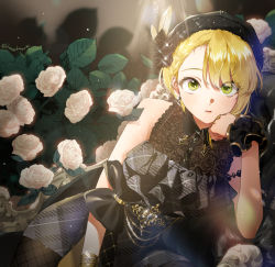 Rule 34 | 1girl, arm support, armlet, asymmetrical hair, bad id, bad pixiv id, bare shoulders, beret, black flower, black hat, black pantyhose, black rose, blonde hair, blurry, blurry background, bracelet, braid, breasts, cleavage, collared dress, commentary, couch, cowboy shot, dress, earrings, eyelashes, eyes visible through hair, feathers, fishnet pantyhose, fishnets, floral background, floral print, flower, frilled dress, frills, fur-trimmed headwear, fur trim, gem, glint, green eyes, grey dress, hair between eyes, hana shiori, hand up, hat, hat feather, hat flower, head rest, highres, idolmaster, idolmaster cinderella girls, idolmaster cinderella girls starlight stage, jewelry, lace, lace-trimmed dress, lace trim, leaning to the side, lens flare, light particles, light rays, looking at viewer, miyamoto frederica, pantyhose, parted lips, pearl (gemstone), plaid, plaid dress, print dress, rose, rose print, see-through, see-through cleavage, short hair, single sidelock, sitting, sleeveless, sleeveless dress, solo, symbol-only commentary, white feathers, white flower, white rose