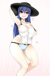 Rule 34 | 1girl, arm behind head, armpits, arms up, black headwear, blue hair, blue panties, blush, collarbone, commentary request, gradient background, haseru (ginku mh), heart, highres, hinanawi tenshi, long hair, looking at viewer, panties, red eyes, shirt, smile, solo, touhou, underwear, white shirt