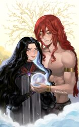 Rule 34 | 1boy, 1girl, absurdres, armlet, ball, bare pectorals, black cloak, black hair, black skirt, blue eyes, braid, cloak, couple, crystal ball, elden ring, erdtree (elden ring), gold bracelet, grey robe, highres, holding, holding ball, holding hands, husband and wife, light smile, long hair, long sleeves, looking at another, nianlin, pectorals, purple brooch, radagon of the golden order, red hair, rennala queen of the full moon, robe, single bare arm, single bare shoulder, skirt, topless male, wavy hair, yellow background, yellow eyes
