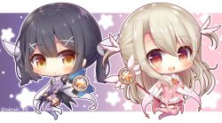 Rule 34 | 2girls, big head, black hair, boots, brown eyes, chibi, commentary request, detached sleeves, fate/kaleid liner prisma illya, fate (series), feather hair ornament, feathers, hair between eyes, hair ornament, holding, holding wand, illyasviel von einzbern, kaleidostick, leotard, light brown hair, long hair, long sleeves, magical ruby, magical sapphire, miyu edelfelt, multiple girls, pink feathers, pink footwear, pink legwear, pink shirt, pink sleeves, pleated skirt, prisma illya, purple legwear, purple leotard, purple sleeves, shirt, skirt, sleeveless, sleeveless shirt, star (symbol), thigh boots, thighhighs, twintails, twitter username, very long hair, wand, white footwear, white skirt, x hair ornament, yukiyuki 441