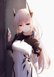 Rule 34 | 1girl, against wall, arknights, arm behind back, backlighting, breasts, closed mouth, frilled sleeves, frills, hand up, highres, horns, jewelry, leria v, long hair, long sleeves, looking at viewer, medium breasts, red eyes, ring, silver hair, smile, solo, theresa (arknights), two-tone dress, very long hair