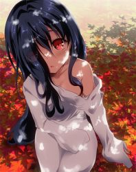 Rule 34 | 1girl, autumn leaves, azumawari (azumofu), black hair, blush, breasts, collarbone, commentary request, day, dress, eyes visible through hair, hat over one eye, long hair, long sleeves, looking at viewer, medium breasts, off shoulder, outdoors, parted lips, sitting, sleeves past fingers, sleeves past wrists, solo, the ring, very long hair, white dress, yamamura sadako