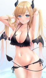 Rule 34 | 1girl, :p, absurdres, arm up, armpits, bat tattoo, bikini, black bikini, blonde hair, blush, breast tattoo, breasts, cleavage, commentary, cowboy shot, demon girl, demon horns, demon tail, demon wings, gluteal fold, green eyes, groin, hair between eyes, halterneck, highres, holding, holding hair, hololive, horns, large breasts, long hair, looking at viewer, navel, pointy ears, side-tie bikini bottom, solo, standing, stomach, swimsuit, tail, tattoo, thighhighs, tongue, tongue out, uni ikura, virtual youtuber, wet, wings, yuzuki choco, yuzuki choco (hololive summer 2019)