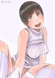 Rule 34 | 1girl, :d, ayumu (zenkou), black hair, bottomless, breasts, cleavage, covered erect nipples, dated, fang, fangs, grey background, head tilt, knees apart feet together, large breasts, nipples, no panties, open mouth, original, shiny skin, shirt, short hair, simple background, sitting, smile, socks, solo, spread legs, sweater, taut clothes, taut shirt, zenkou