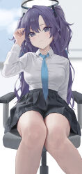 Rule 34 | 1girl, absurdres, black skirt, blue archive, blue necktie, blush, breasts, chair, closed mouth, collared shirt, feet out of frame, halo, highres, hoshinopurin, large breasts, long hair, long sleeves, looking at viewer, mechanical halo, necktie, pleated skirt, purple eyes, purple hair, shirt, sitting, skirt, solo, two side up, white shirt, yuuka (blue archive)