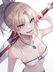 Rule 34 | 1girl, absurdres, bambi-25, bare shoulders, blonde hair, braid, breasts, collarbone, commentary request, eyes visible through hair, fangs, fate/grand order, fate (series), from above, grey background, hair ornament, hair scrunchie, highres, holding, holding weapon, medium breasts, mordred (fate), navel, open mouth, parted bangs, ponytail, red scrunchie, scrunchie, simple background, smile, solo, stomach, sword, teeth, tongue, weapon