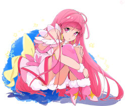 Rule 34 | 1girl, ahoge, alternate hairstyle, ankle boots, back bow, boots, bow, commentary, cure star, dress, dress bow, earrings, fur cuffs, hair down, high heel boots, high heels, hoop earrings, hoshina hikaru, hugging own legs, jewelry, large bow, leaning forward, long hair, looking at viewer, magical girl, mochi curry, open mouth, pink bow, pink dress, pink eyes, pink footwear, pink hair, pink thighhighs, precure, short dress, single thighhigh, sitting, sleeveless, sleeveless dress, solo, star (symbol), star twinkle precure, thighhighs, very long hair, yellow bow