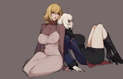 Rule 34 | 2girls, absurdres, ahoge, back-to-back, black dress, black footwear, blue coat, blue eyes, blue jacket, blush, boots, braid, breasts, brown dress, brown sweater, closed mouth, coat, commentary, dress, english commentary, ennuigrl, fate/grand order, fate (series), fur-trimmed coat, fur-trimmed jacket, fur-trimmed sleeves, fur collar, fur trim, hair between eyes, high heel boots, high heels, highres, jacket, jeanne d&#039;arc (fate), jeanne d&#039;arc (ruler) (fate), jeanne d&#039;arc alter (fate), jeanne d&#039;arc alter (ver. shinjuku 1999) (fate), large breasts, long braid, long hair, looking to the side, multiple girls, open clothes, open coat, open jacket, pale skin, pink lips, short dress, short hair, silver hair, single braid, sitting, smile, sweater, thighs, turtleneck, turtleneck sweater, wicked dragon witch ver. shinjuku 1999, yellow eyes