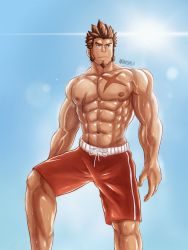 Rule 34 | 1boy, abs, bara, facial hair, fate/grand order, fate (series), goatee, highres, large pectorals, long sideburns, male focus, mature male, muscular, muscular male, napoleon bonaparte (fate), nipples, pectorals, resolution mismatch, scar, scar on chest, short hair, sideburns, source smaller, topless male