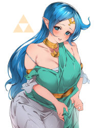 Rule 34 | 1girl, armlet, bare shoulders, blue eyes, blue hair, blush, breasts, choker, clothes pull, collarbone, dress, dress pull, eyebrows, female focus, head tilt, highres, jewelry, karan, large breasts, long hair, looking at viewer, lots of jewelry, matching hair/eyes, nayru, nintendo, parted bangs, parted lips, pendant, pointy ears, sidelocks, simple background, smile, solo, standing, strap slip, teeth, the legend of zelda, the legend of zelda: oracle of ages, tiara, triforce, upper teeth only, very long hair, white background