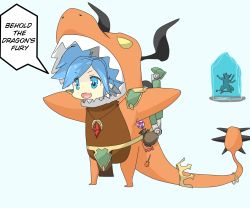 Rule 34 | 1boy, 1girl, absurdres, animal costume, armor, blue eyes, blue hair, candy, cosplay, dragon, dragon horns, dragon tail, drogoz, english text, evie (paladins), food, frozen, highres, horns, ice, jewelry, lollipop, necklace, paladins, tail, twintails, varakaq