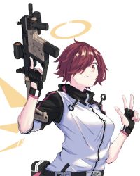 Rule 34 | 1girl, arknights, belt, black belt, black gloves, breasts, commentary, exusiai (arknights), fingerless gloves, gloves, gun, hair over one eye, halo, hands up, highres, holding, holding gun, holding weapon, jacket, kriss vector, looking at viewer, medium breasts, n.e., pouch, raglan sleeves, red hair, short hair, short sleeves, simple background, smile, solo, submachine gun, trigger discipline, upper body, w, weapon, white background, white jacket