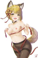 Rule 34 | 1girl, :d, absurdres, animal ears, bad id, bad pixiv id, blonde hair, blunt bangs, blush, breasts, breasts apart, brown hair, brown pantyhose, chromatic aberration, collarbone, commentary request, cowboy shot, dog ears, dog tail, erune, fang, granblue fantasy, hair ribbon, highres, hyouta (yoneya), kemonomimi mode, legs together, looking at viewer, navel, nipples, no panties, nose blush, open mouth, pantyhose, pink lips, red ribbon, red rope, ribbon, rope, saliva, short hair, signature, simple background, small breasts, smile, solo, standing, stomach, tail, tassel, teeth, thick eyebrows, thighband pantyhose, tongue, topless, vajra (granblue fantasy), weapon, white background