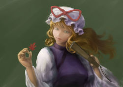 Rule 34 | 1girl, absurdres, autumn leaves, blonde hair, bow, dress, folding fan, green background, hand fan, hat, hat bow, hat ribbon, highres, holding, holding leaf, koshi (koshi vortex), leaf, light smile, long hair, looking at viewer, maple leaf, red bow, red ribbon, ribbon, simple background, solo, tabard, touhou, upper body, white dress, wide sleeves, yakumo yukari, yellow eyes