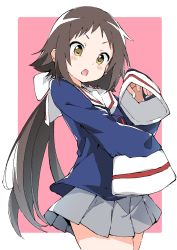 Rule 34 | 1girl, blush, brown hair, commentary request, highres, long hair, looking at viewer, mikakunin de shinkoukei, mitsumine mashiro, open mouth, pink background, ponytail, rauto, school uniform, sleeves past fingers, sleeves past wrists, solo