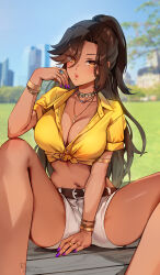 Rule 34 | 1girl, alma (foxyreine), bracelet, breasts, brown hair, dark-skinned female, dark skin, foxyreine, highres, jewelry, large breasts, long hair, looking at viewer, nail polish, navel, necklace, original, outdoors, shirt, shorts, sitting, solo, thick thighs, thighs