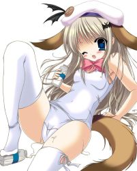 Rule 34 | 1girl, animal ears, blonde hair, blue eyes, bottle, bow, breasts, colorized, covered erect nipples, dog ears, dog tail, hat, little busters!, long hair, milk, mizuki chika, noumi kudryavka, one-piece swimsuit, pink bow, school swimsuit, sexually suggestive, small breasts, solo, spread legs, swimsuit, tail, thighhighs, white school swimsuit, white one-piece swimsuit, white thighhighs