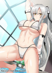 Rule 34 | 1girl, arm behind back, arm up, artist name, azur lane, bare legs, barefoot, bikini, blush, bow, breasts, cleavage, closed mouth, commentary, covered erect nipples, cowboy shot, day, detached sleeves, drake (azur lane), drake (the golden hind&#039;s respite) (azur lane), dutch angle, english commentary, from below, gluteal fold, groin, hair between eyes, hair bow, hellandheaven, highres, indoors, large breasts, long hair, looking at viewer, midriff, mixed-language commentary, navel, official alternate costume, patreon username, plant, ponytail, pool, poolside, potted plant, rei no pool, see-through, see-through sleeves, silver hair, solo, straight hair, string bikini, swimsuit, thick thighs, thighs, underboob, wet, white bikini, window, yellow eyes