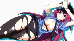 Rule 34 | 10s, 1girl, black bra, black panties, blue eyes, blush, bra, bra pull, breasts, clothes pull, cuffs, female focus, grisaia (series), grisaia no kajitsu, handcuffs, hat, highres, large breasts, long hair, looking at viewer, nipples, open clothes, open shirt, panties, panties under pantyhose, pantyhose, pantyhose pull, police, police uniform, policewoman, red hair, shelf bra, shirt, simple background, skirt around belly, solo, suou amane, torn clothes, torn pantyhose, underwear, uniform, very long hair
