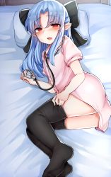 Rule 34 | 1girl, bed, bed sheet, black bow, black thighhighs, blue hair, blush, bow, empty eyes, eyebrows, full body, hair bow, hair ribbon, half updo, holding, hollow eyes, indoors, jirou (tamaho39), kagetsu tooya, legs together, len (tsukihime), lying, nurse, on side, open mouth, pillow, pointy ears, red eyes, ribbon, short sleeves, sidelocks, solo, stethoscope, sweat, thighhighs, thighhighs pull, tsukihime, zettai ryouiki