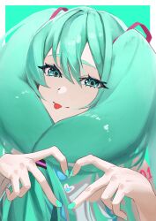 Rule 34 | 1girl, absurdres, closed mouth, commentary request, green eyes, green hair, green nails, hair between eyes, hair ornament, hatsune miku, heart, heart hands, highres, long hair, looking at viewer, nail polish, number tattoo, shoulder tattoo, simple background, smile, solo, tattoo, tongue, tongue out, twintails, unimaru illust, upper body, vocaloid
