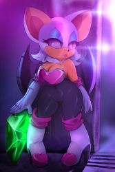 Rule 34 | 1girl, animal ears, bat ears, bat wings, breasts, cleavage, curvy, furry, furry female, green eyes, highres, large breasts, lips, lipstick, looking to the side, makeup, mystical, no humans, rouge the bat, sega, solo, sonic (series), wings