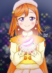 Rule 34 | 1girl, birthday, blush, cape, commentary, earrings, glowing feather, hat, highres, jewelry, long hair, looking at viewer, love live!, love live! superstar!!, orange hair, purple eyes, shibuya kanon, signature, smile, solo, starlight prologue, swept bangs, upper body, zero-theme