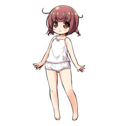 Rule 34 | 1girl, bare arms, bare legs, bare shoulders, barefoot, blush, brown eyes, brown hair, camisole, collarbone, full body, kuwada yuuki, original, panties, parted lips, short twintails, simple background, solo, standing, twintails, underwear, underwear only, white background, white camisole, white panties