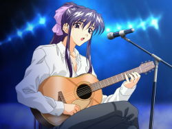 Rule 34 | 1990s (style), acoustic guitar, concert, guitar, instrument, long hair, matsuoka chie, microphone, microphone stand, music, ponytail, retro artstyle, sentimental graffiti, singing, solo