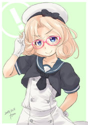Rule 34 | !, artist name, bespectacled, black neckwear, blonde hair, blue eyes, blue sailor collar, c:, cowboy shot, dated, dress, fyuo, glasses, gloves, green background, hat, highres, janus (kancolle), kantai collection, looking at viewer, parted bangs, red-framed eyewear, sailor collar, sailor dress, sailor hat, short hair, short sleeves, simple background, smile, solo, standing, tongue, tongue out, white dress, white gloves, white hat