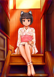 Rule 34 | 1girl, alternate costume, animal ears, ankle cuffs, anklet, bad id, bad pixiv id, barefoot, brown eyes, brown hair, cat ears, cat girl, chen, earrings, feet, female focus, floral print, hand on own knee, hayachine, interior, japanese clothes, jewelry, kimono, looking at viewer, obi, pointing, pointing at viewer, sash, short hair, single earring, sitting, sitting on stairs, smile, solo, stairs, toe-point, toes, touhou