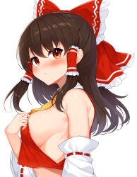 Rule 34 | 1girl, bare shoulders, blush, bow, breasts, brown hair, clothes pull, commentary request, crop top, daichi (tokoya), detached sleeves, embarrassed, from side, frown, hair bow, hair tubes, hakurei reimu, hand up, highres, long hair, looking at viewer, medium breasts, midriff, no bra, nontraditional miko, orange eyes, pulled by self, red bow, red shirt, shirt, shirt aside, shirt pull, sideboob, sideless outfit, solo, teasing, touhou