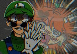 Rule 34 | 1boy, 1girl, @ @, blue overalls, brown hair, crown, crying, facial hair, gloves, green headwear, hat, heart, looking at another, luigi, mario (series), mustache, nintendo, overalls, panicking, princess daisy, smile, white gloves
