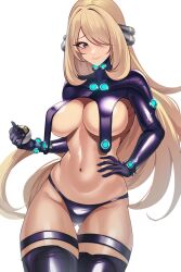 Rule 34 | 1girl, alternate costume, blonde hair, breasts, closed mouth, cowboy shot, creatures (company), cynthia (pokemon), game freak, gantz, gantz suit, gluteal fold, grey eyes, groin, hair over one eye, hand on own hip, highres, holding, holding poke ball, large breasts, long hair, looking at viewer, navel, nintendo, poke ball, pokemon, pokemon dppt, shrug (clothing), simple background, solo, stomach, thigh strap, thighhighs, thighs, ultra ball, very long hair, volyz, white background