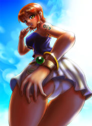 Rule 34 | 1girl, armband, ass, bangle, bare shoulders, boken fantasy, bracelet, breasts, finger to mouth, foreshortening, jewelry, log pose, nami (one piece), one piece, orange hair, panties, short hair, skirt, solo, tank top, tattoo, thigh gap, thighs, underwear, upskirt, yellow eyes