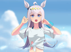 Rule 34 | 1girl, :d, ahoge, animal ears, blue eyes, blue sky, blurry, blurry background, cloud, collarbone, commentary request, day, depth of field, gaze on me! outfit (umamusume), grey hair, hair between eyes, hands up, highres, horse ears, looking at viewer, navel, oguri cap (umamusume), open mouth, outdoors, shirt, short sleeves, sky, smile, solo, taka (takahirokun), tied shirt, umamusume, upper body, v-shaped eyebrows, white shirt