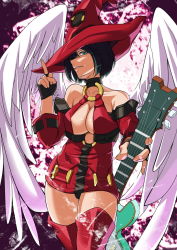 Rule 34 | 1girl, bare shoulders, black hair, boots, breasts, choker, cleavage, fingerless gloves, gloves, green eyes, guilty gear, guitar, hair over one eye, hat, highres, i-no, instrument, large breasts, looking at viewer, middle finger, o-ring, o-ring top, panimiiru, red hat, red thighhighs, short hair, slit pupils, solo, thigh boots, thighhighs, thighs, wings, witch hat
