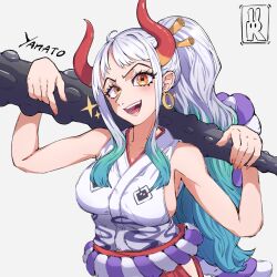 Rule 34 | 1girl, bare shoulders, breasts, club (weapon), earrings, gradient eyes, gradient hair, grey background, highres, holding, holding weapon, horns, japanese clothes, jewelry, kimono, large breasts, multicolored eyes, multicolored hair, nails, one piece, open mouth, orange eyes, rarumi9, smile, teeth, weapon, white hair, yamato (one piece)
