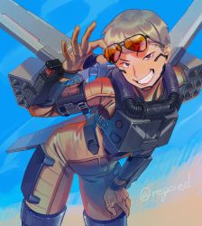 Rule 34 | 1girl, animification, apex legends, brown eyes, gloves, grey hair, hair behind ear, hand on own hip, hand on own thigh, head tilt, highres, jetpack, jiro (regoied), leaning forward, looking at viewer, missile pod, orange gloves, short hair, smile, solo, sunglasses, twitter username, valkyrie (apex legends)