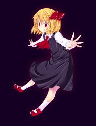Rule 34 | 1girl, ascot, bad id, bad pixiv id, blonde hair, blouse, foreshortening, grin, hair ribbon, highres, himamushi nyuudou, mary janes, outstretched arms, red eyes, ribbon, rumia, shirt, shoes, short hair, skirt, smile, spread arms, touhou, vest